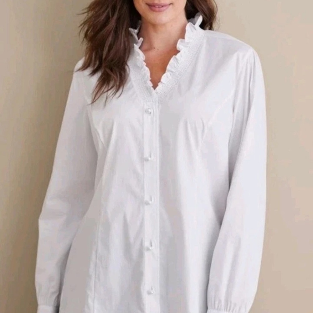 Soft Surroundings White Ruffle Button-Down Shirt
